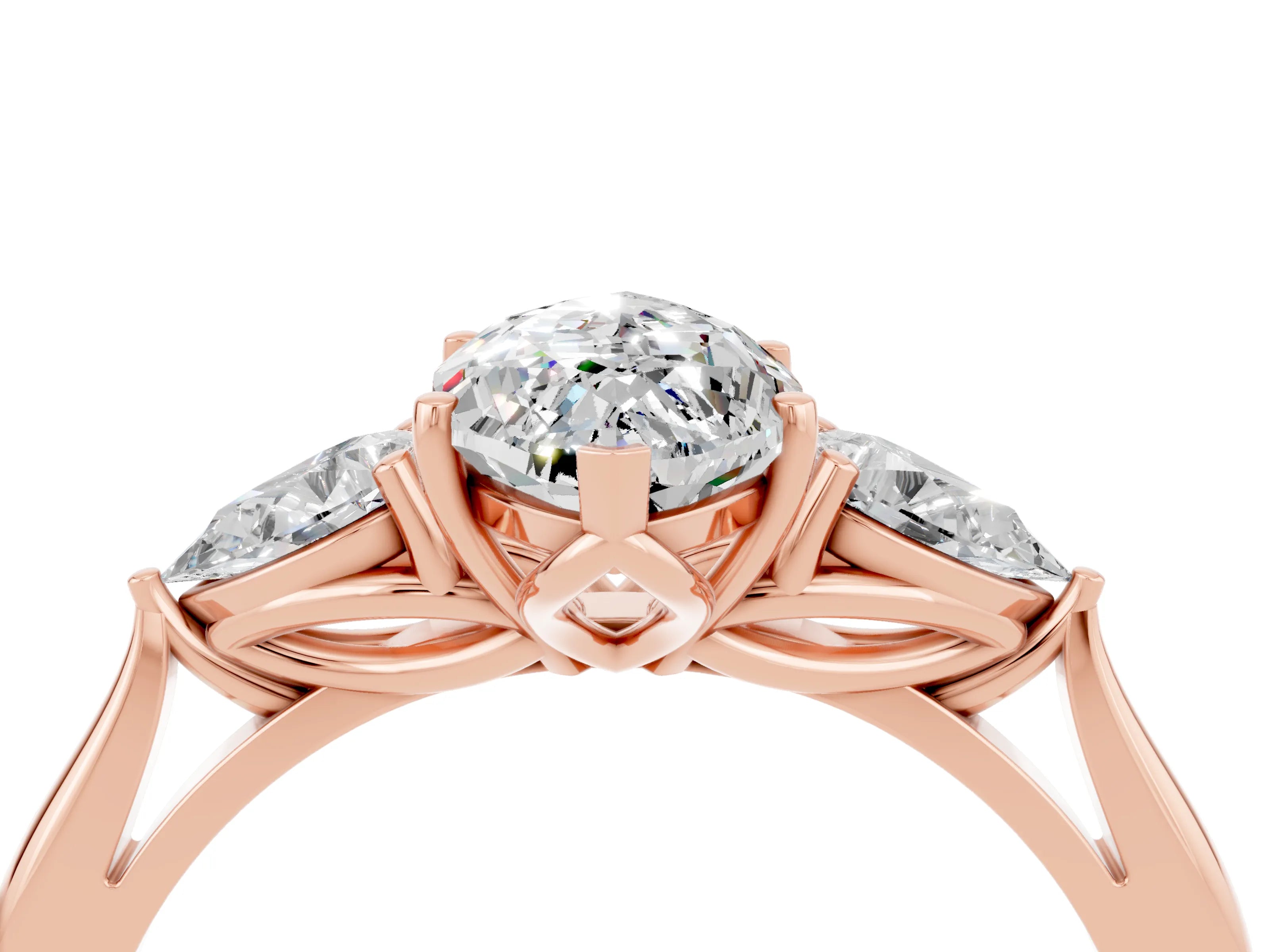 Rose gold Three-Stone Marquise Cut Cut Diamond Ring with Pear Side Stones in Four-Prong Setting_4