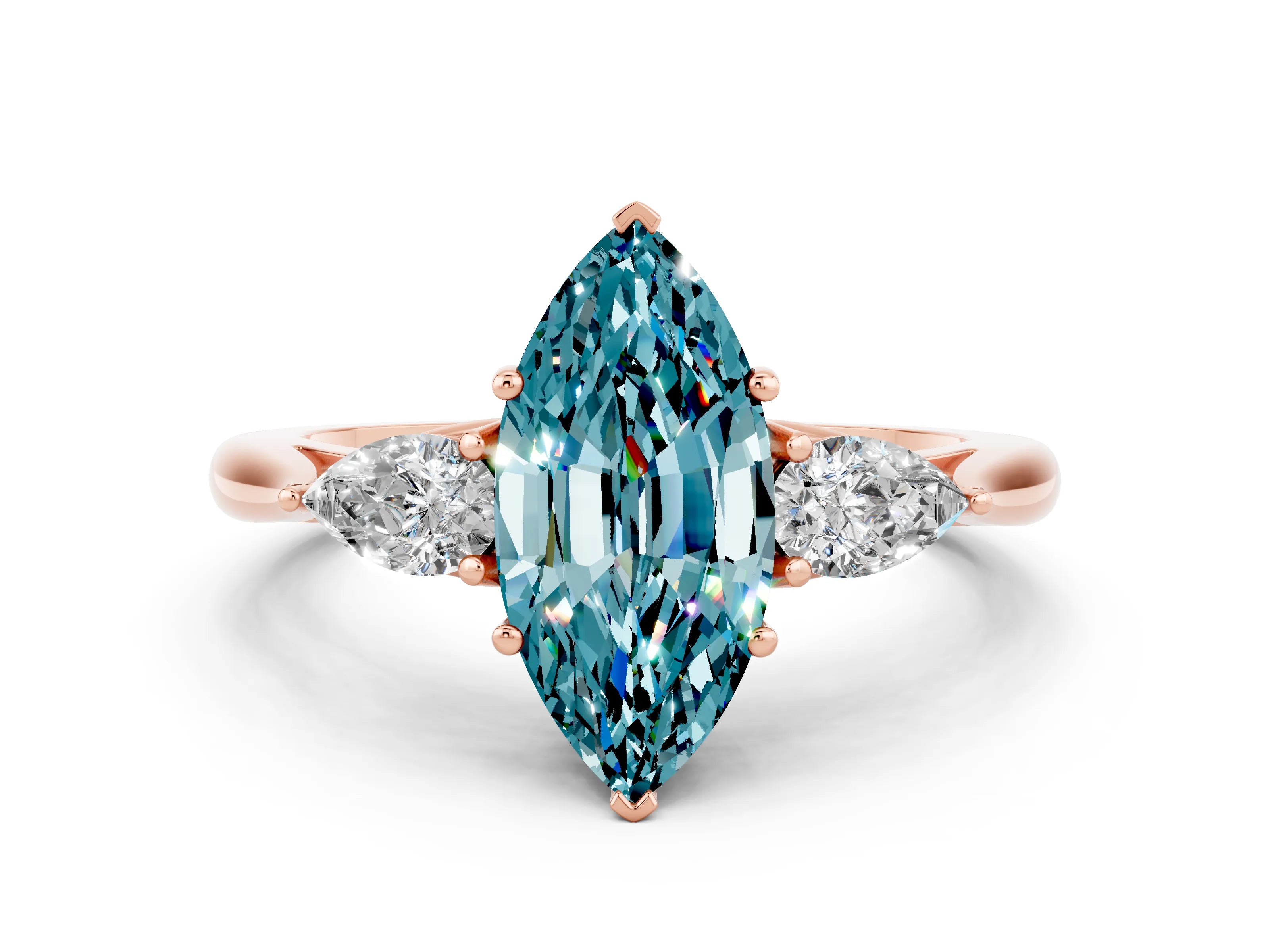 Rose gold Three-Stone Marquise Cut Cut Diamond Ring with Pear Side Stones in Four-Prong Setting