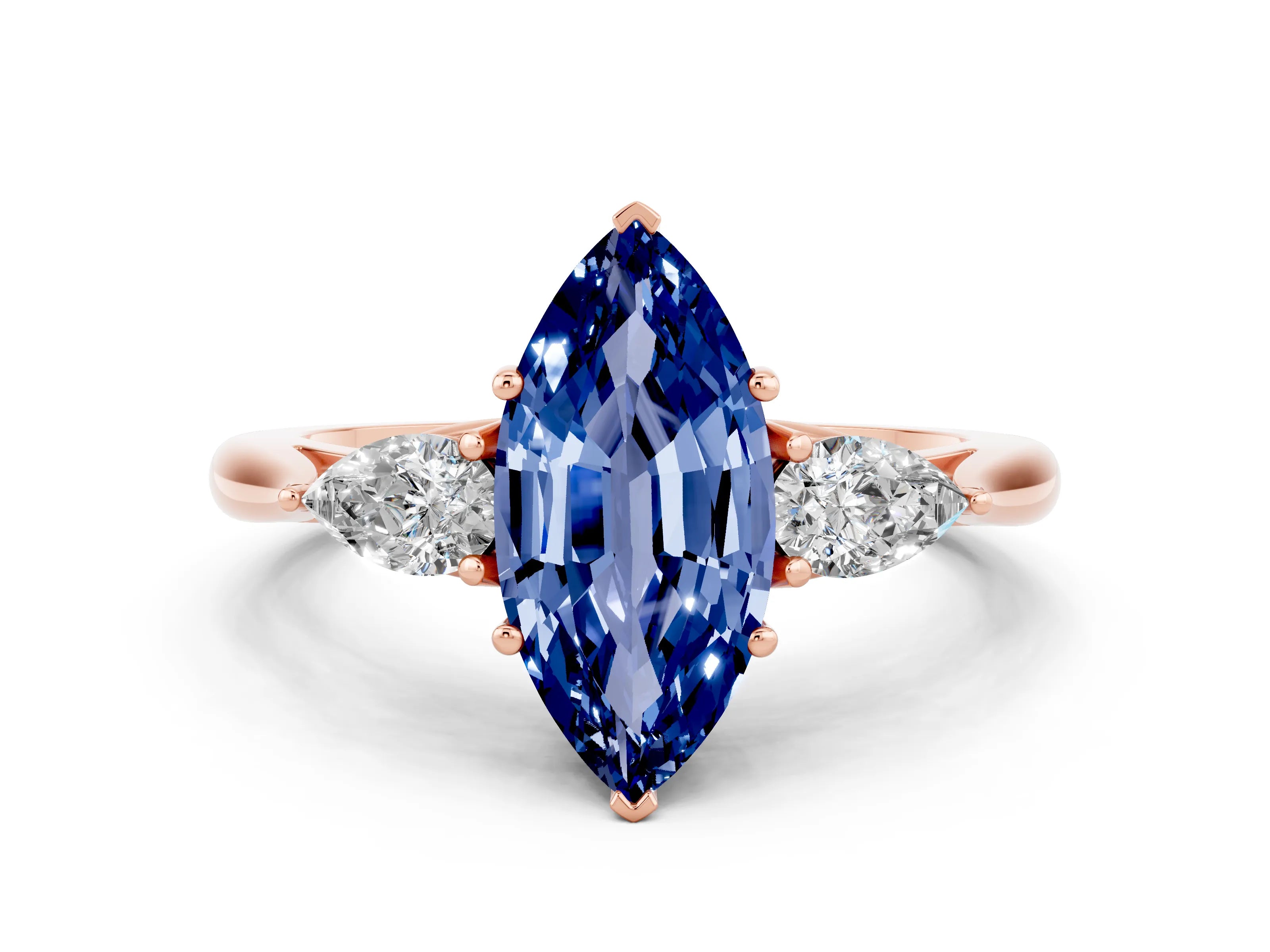 Rose gold Three-Stone Marquise Cut Cut Diamond Ring with Pear Side Stones in Four-Prong Setting