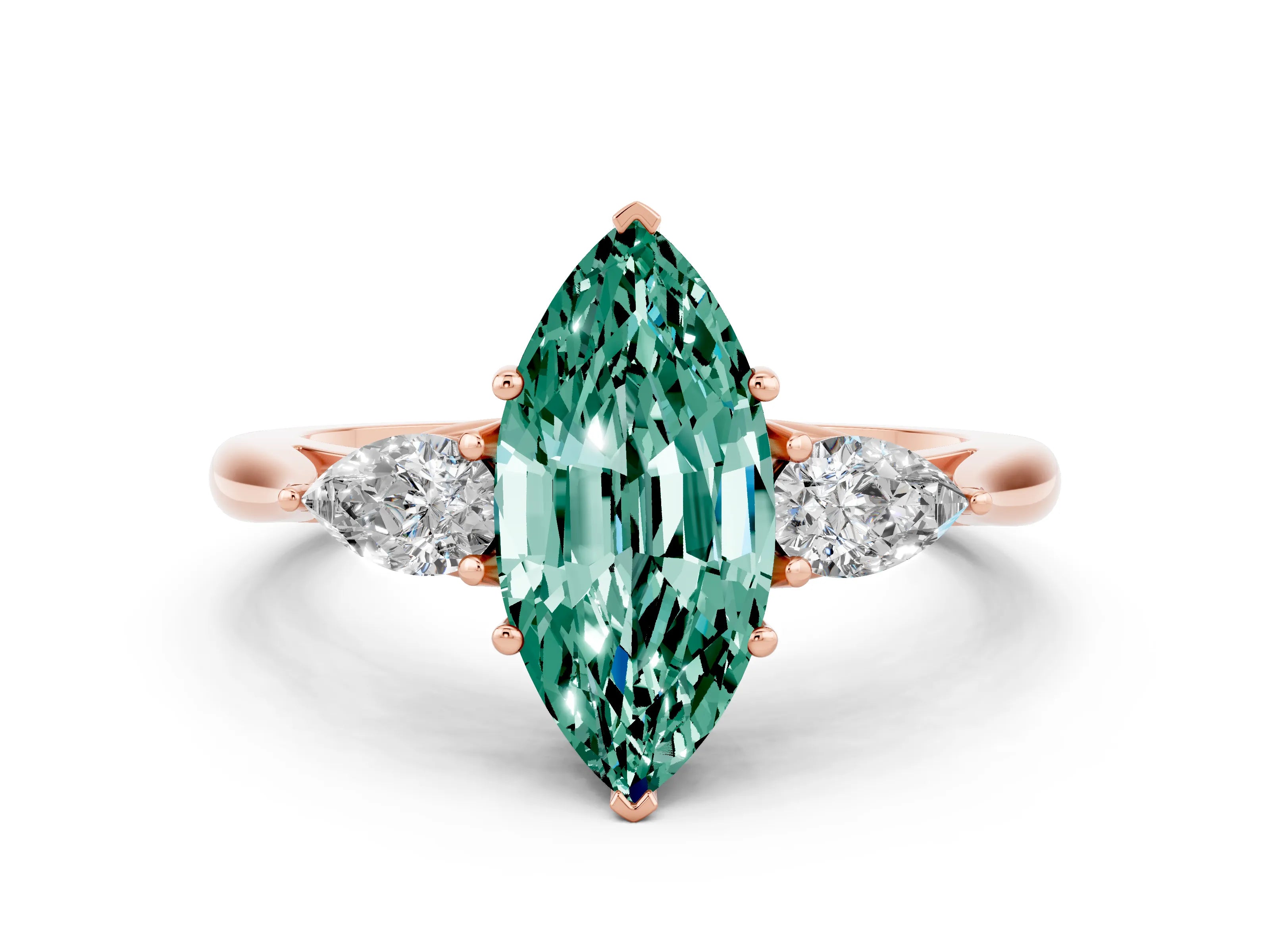 Rose gold Three-Stone Marquise Cut Cut Diamond Ring with Pear Side Stones in Four-Prong Setting