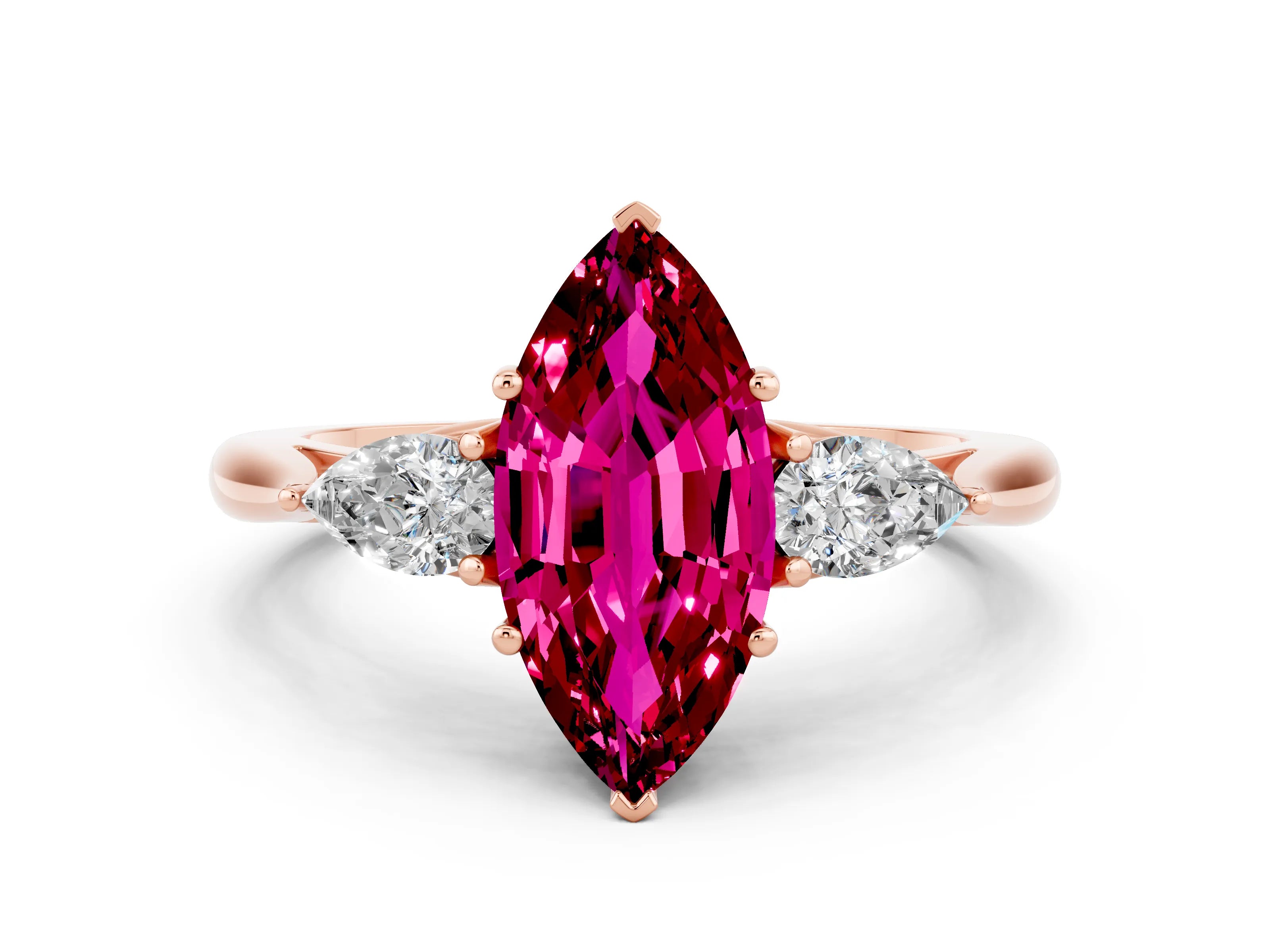 Rose gold Three-Stone Marquise Cut Cut Diamond Ring with Pear Side Stones in Four-Prong Setting
