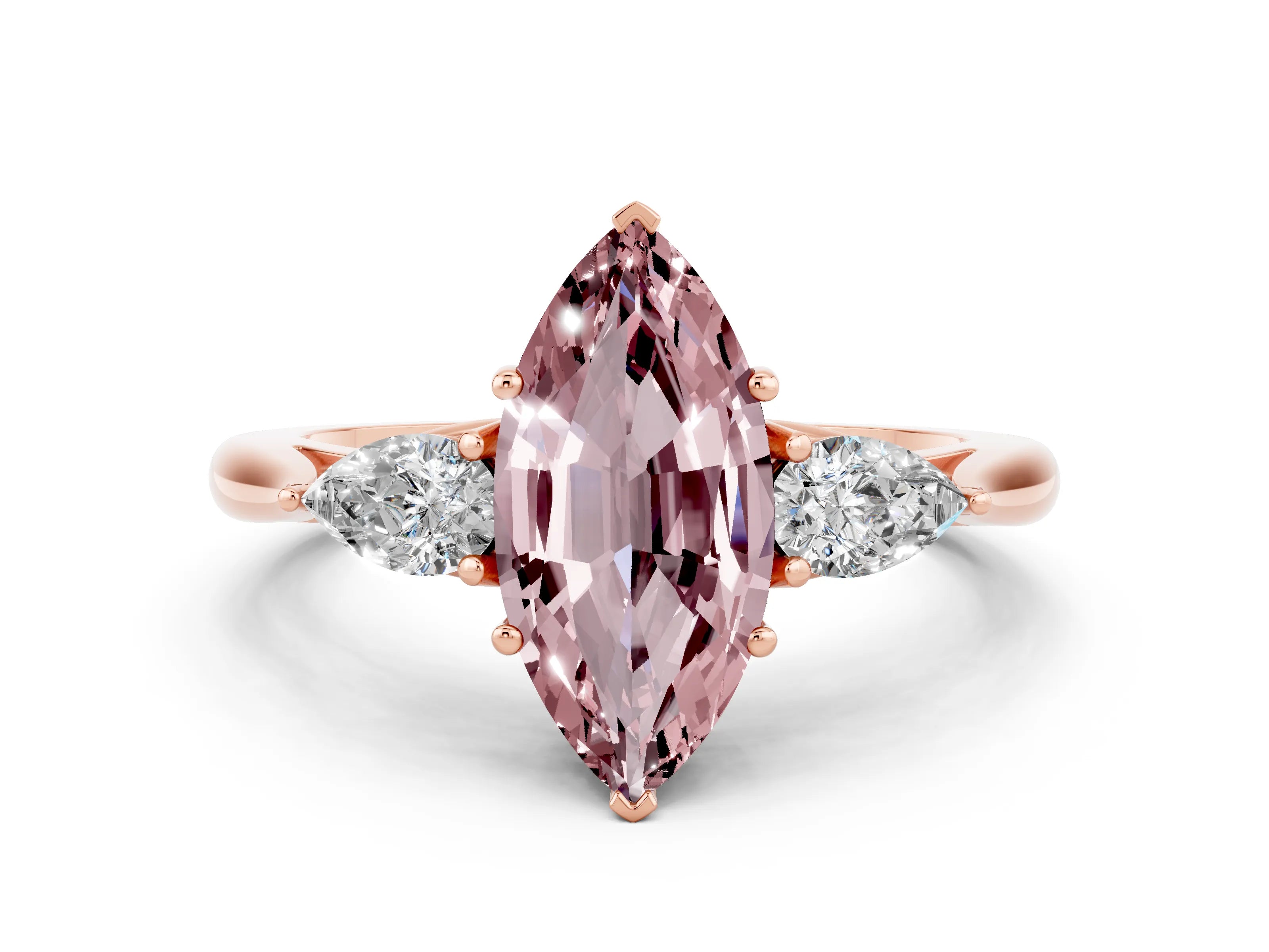 Rose gold Three-Stone Marquise Cut Cut Diamond Ring with Pear Side Stones in Four-Prong Setting