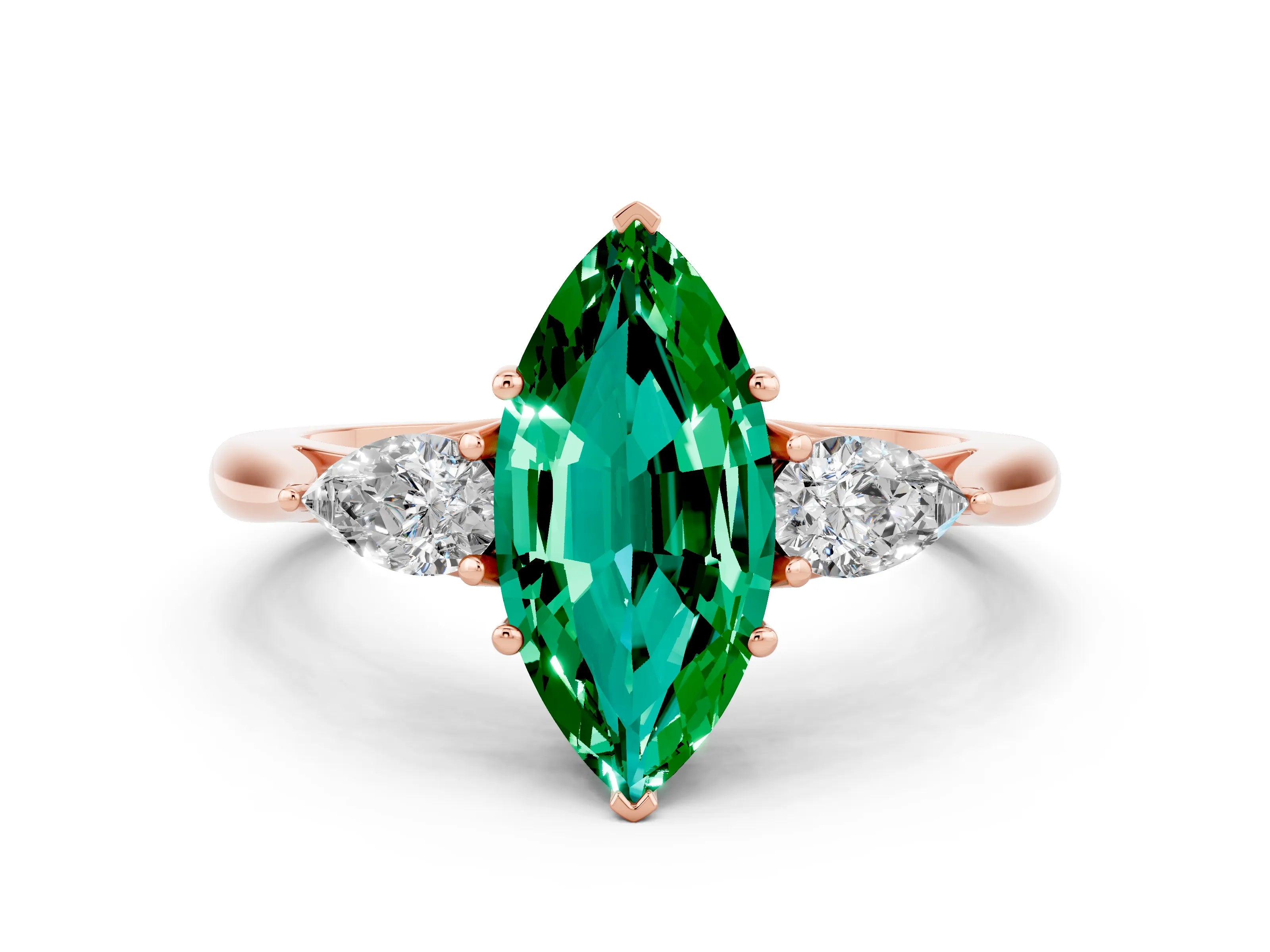 Rose gold Three-Stone Marquise Cut Cut Diamond Ring with Pear Side Stones in Four-Prong Setting