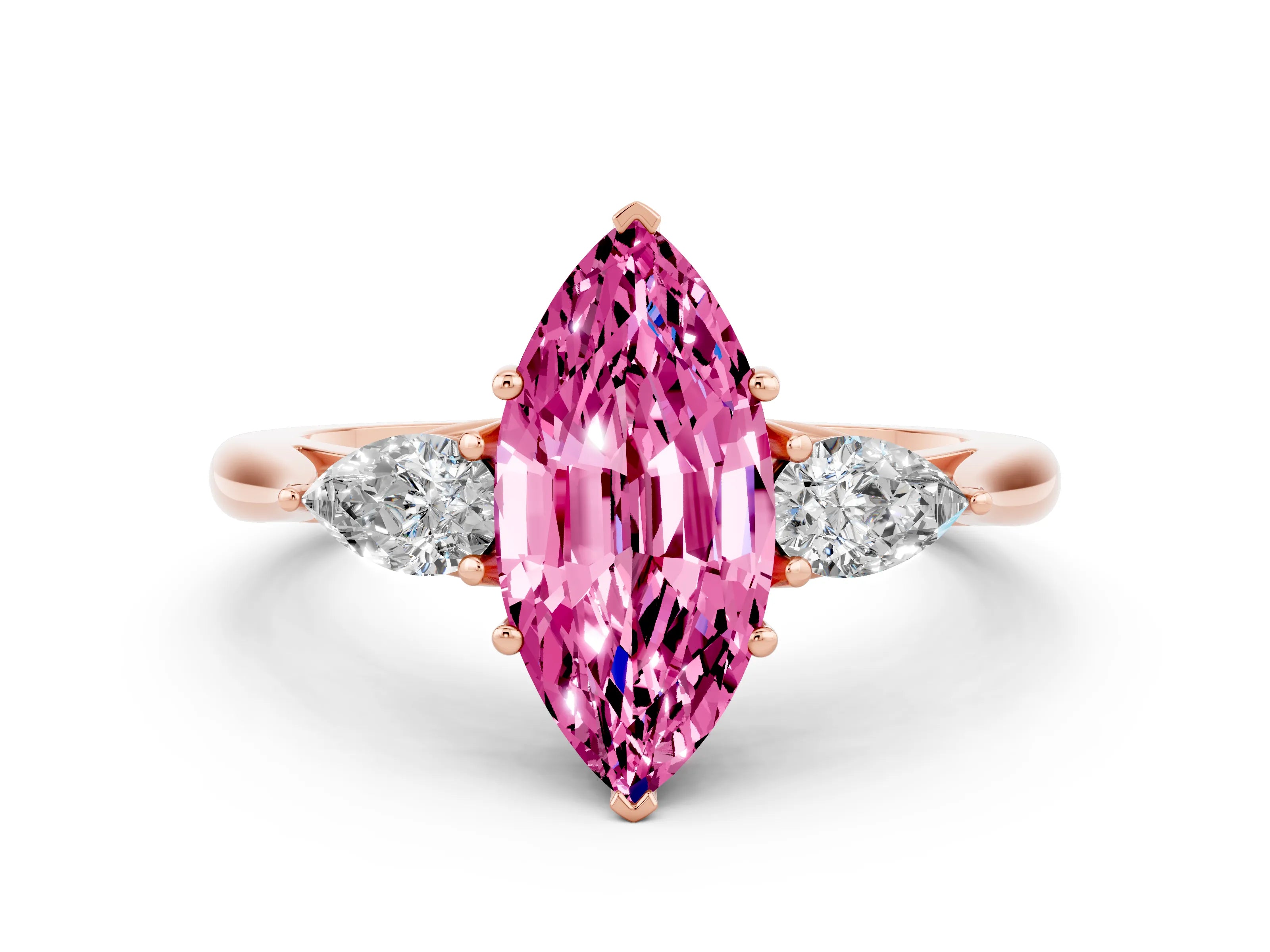 Rose gold Three-Stone Marquise Cut Cut Diamond Ring with Pear Side Stones in Four-Prong Setting