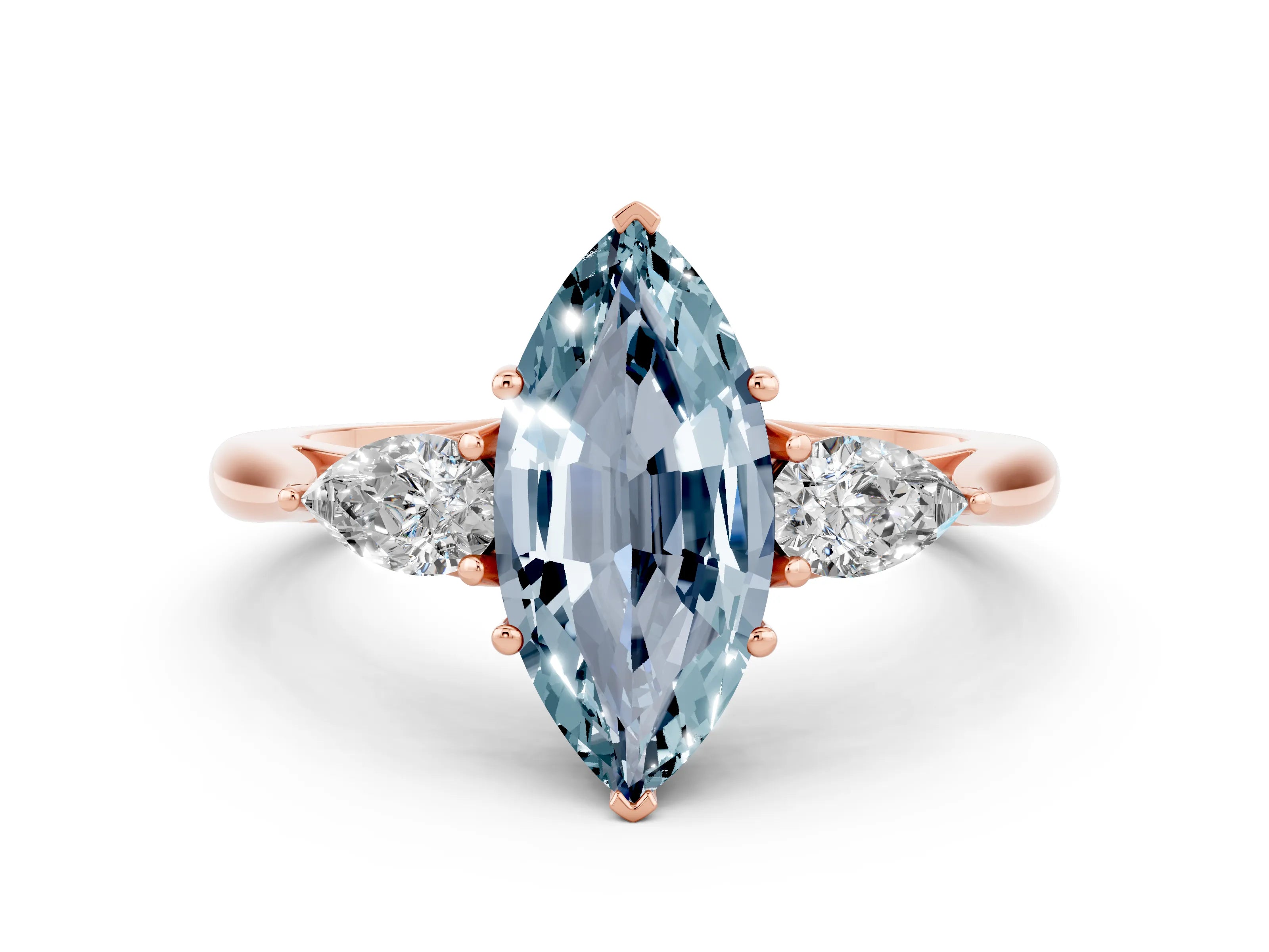Rose gold Three-Stone Marquise Cut Cut Diamond Ring with Pear Side Stones in Four-Prong Setting