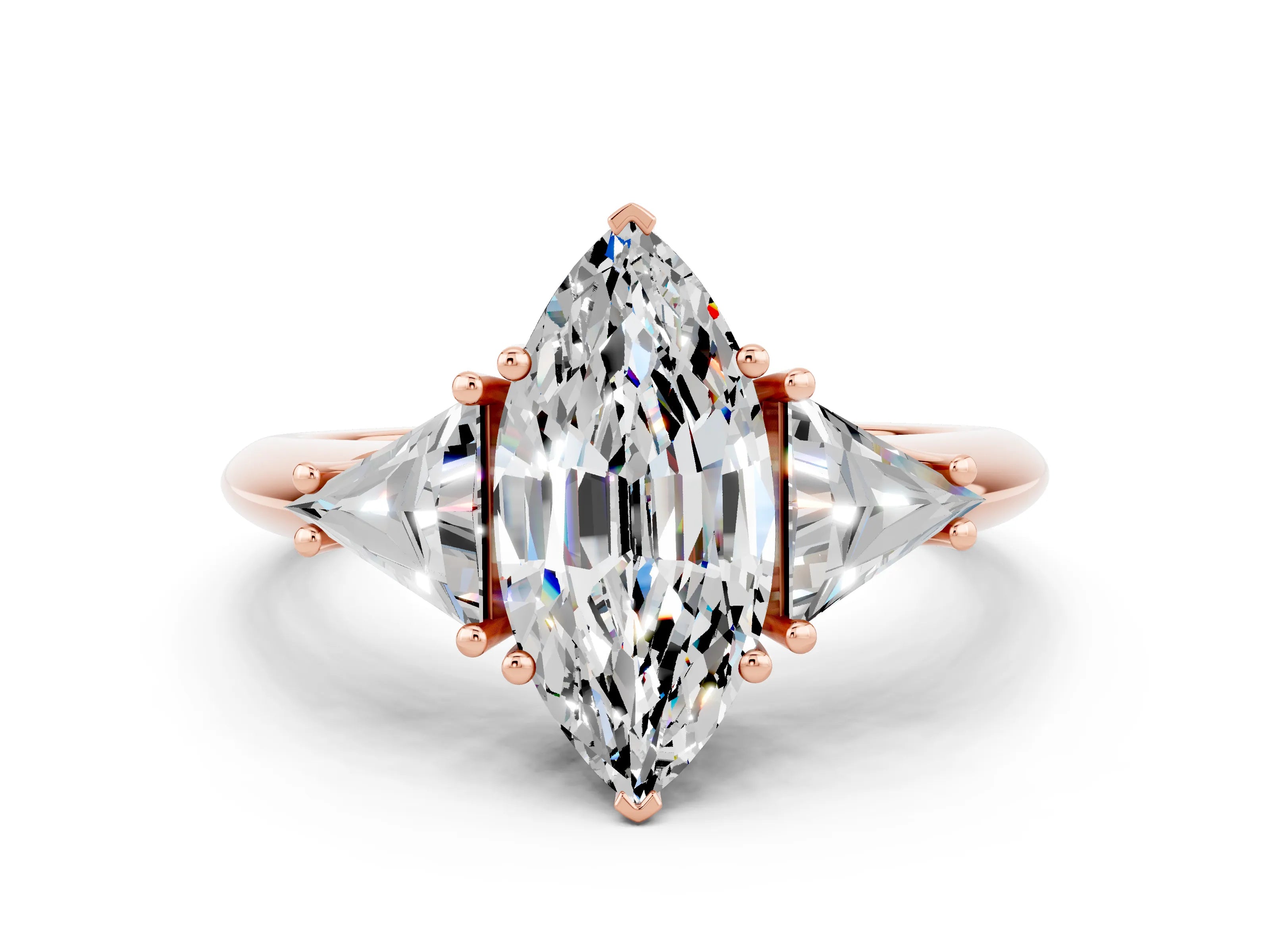 Rose gold Three-Stone Marquise Cut Cut Diamond Ring with Trillion Side Stones and Four-Prong Setting