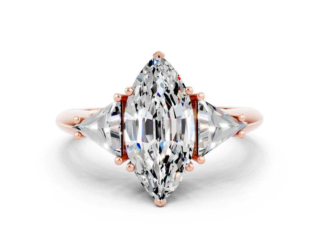 Rose gold Three-Stone Marquise Cut Cut Diamond Ring with Trillion Side Stones and Four-Prong Setting
