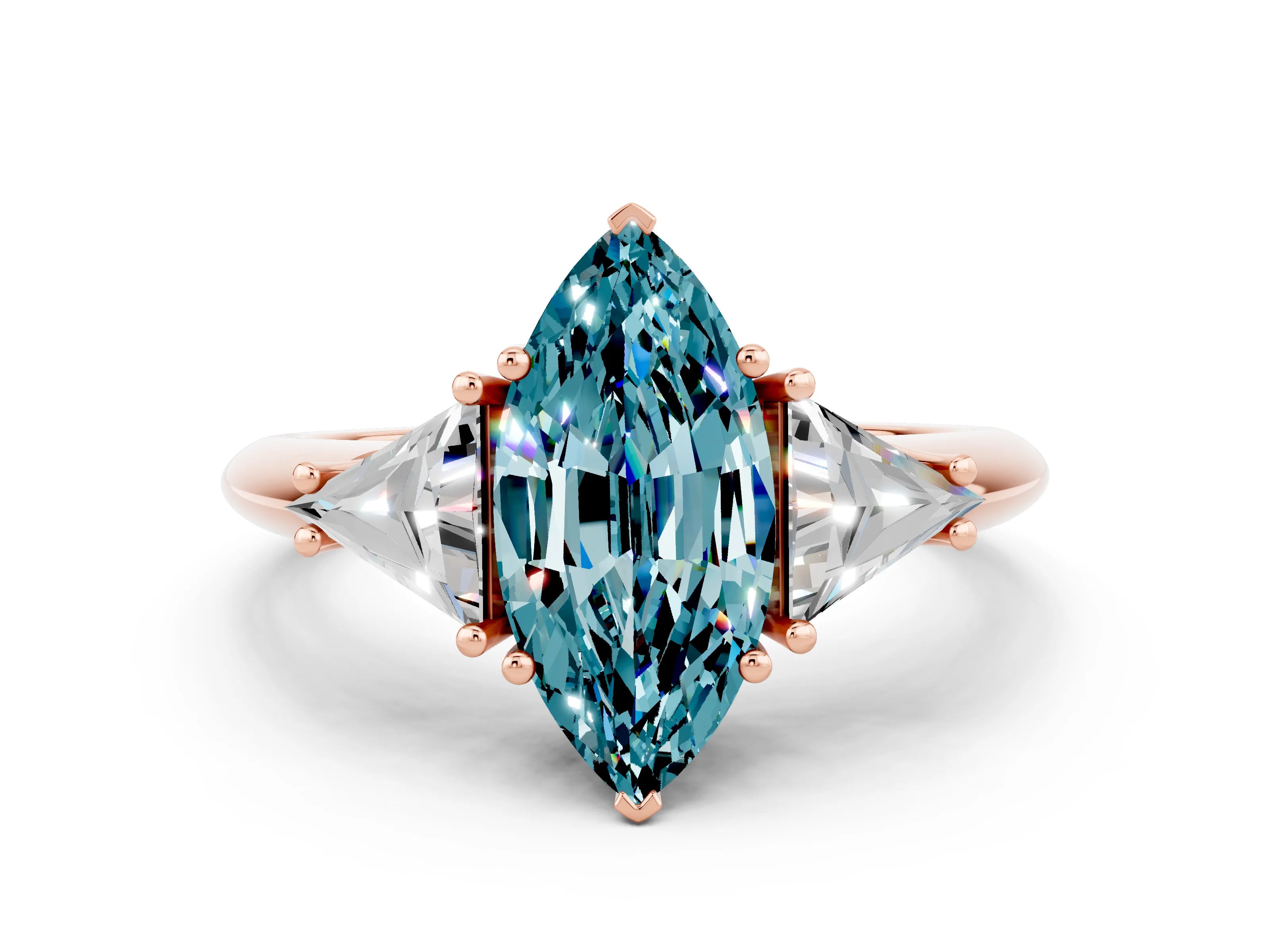 Rose gold Three-Stone Marquise Cut Cut Diamond Ring with Trillion Side Stones and Four-Prong Setting