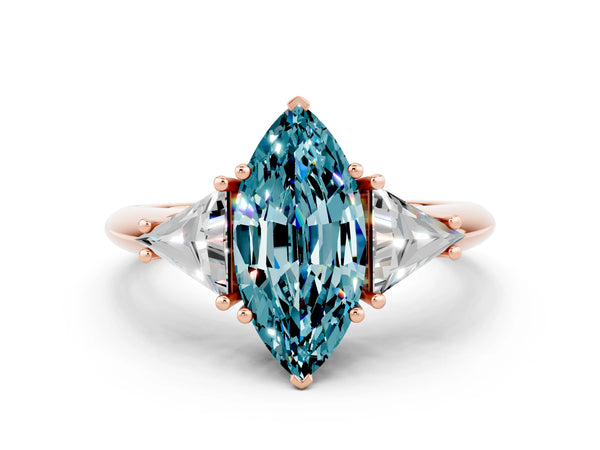 Rose gold Three-Stone Marquise Cut Cut Diamond Ring with Trillion Side Stones and Four-Prong Setting