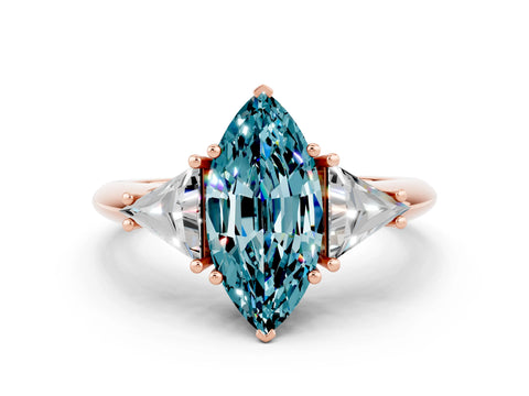 Rose gold Three-Stone Marquise Cut Cut Diamond Ring with Trillion Side Stones and Four-Prong Setting