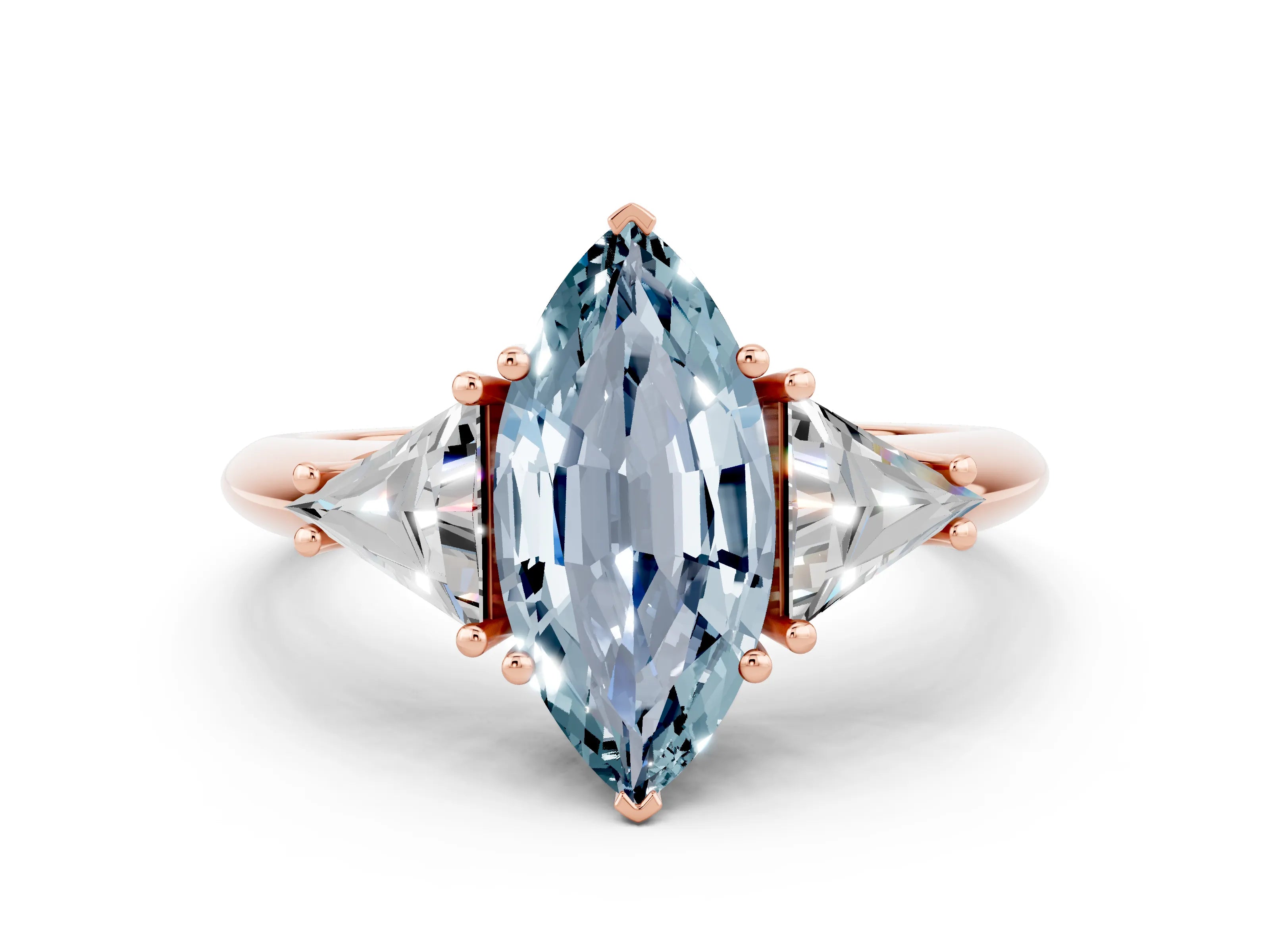 Rose gold Three-Stone Marquise Cut Cut Diamond Ring with Trillion Side Stones and Four-Prong Setting_11
