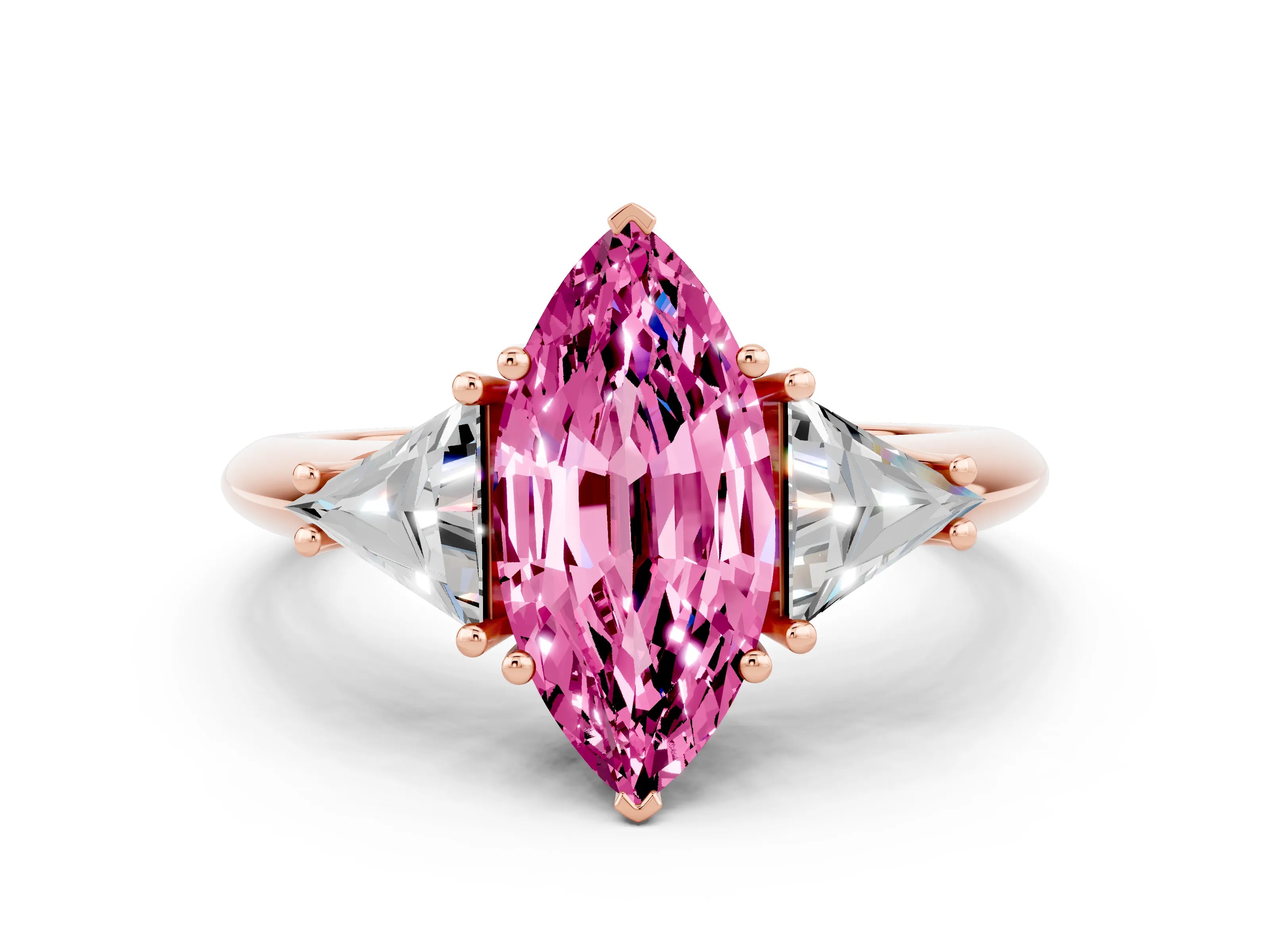 Rose gold Three-Stone Marquise Cut Cut Diamond Ring with Trillion Side Stones and Four-Prong Setting