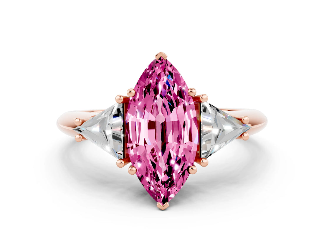 Rose gold Three-Stone Marquise Cut Cut Diamond Ring with Trillion Side Stones and Four-Prong Setting