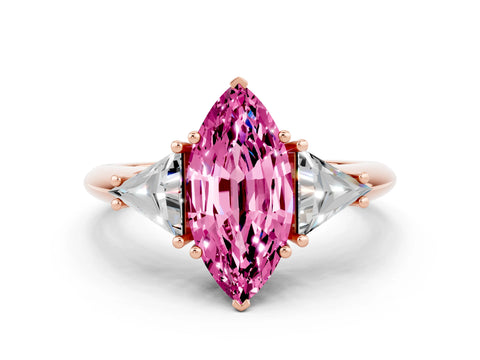 Rose gold Three-Stone Marquise Cut Cut Diamond Ring with Trillion Side Stones and Four-Prong Setting