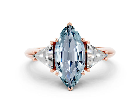 Rose gold Three-Stone Marquise Cut Cut Diamond Ring with Trillion Side Stones and Four-Prong Setting_11