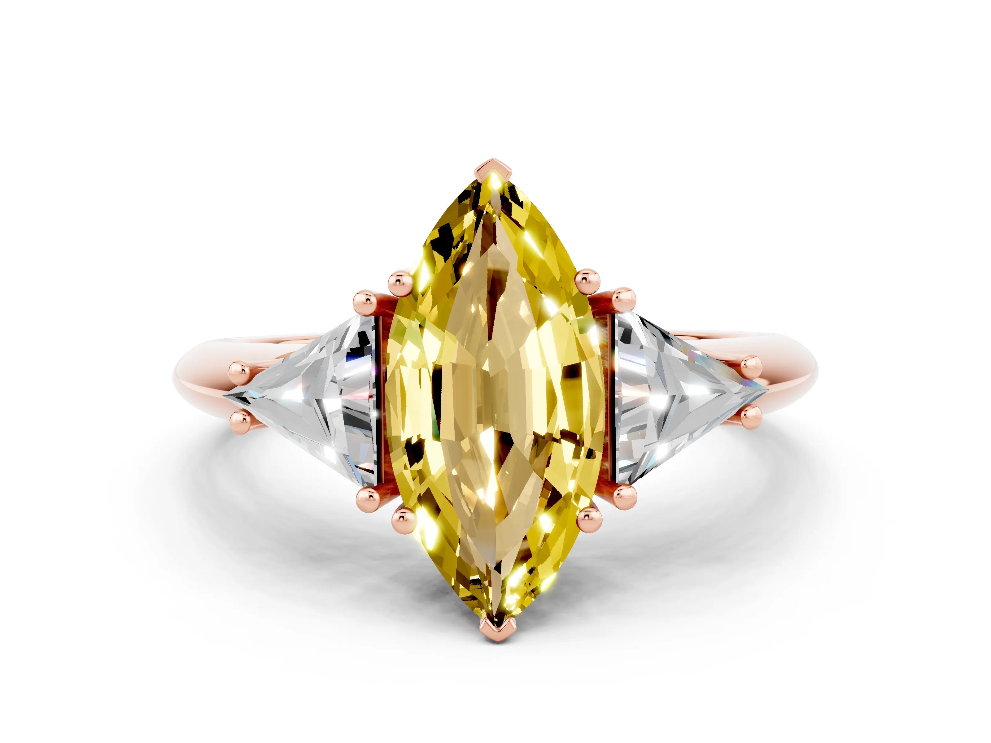 Rose gold Three-Stone Marquise Cut Cut Diamond Ring with Trillion Side Stones and Four-Prong Setting