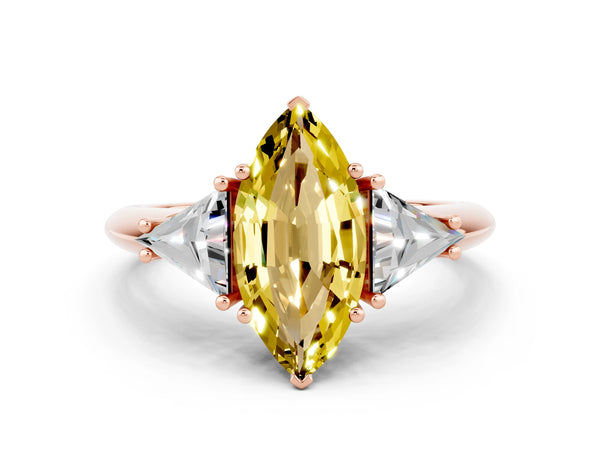 Rose gold Three-Stone Marquise Cut Yellow Sapphire Engagement Ring with Trillion Side Stones and Prong Setting