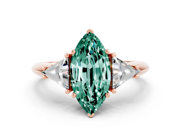 Rose gold Three-Stone Marquise Cut Green Sapphire Engagement Ring with Trillion Side Stones and Prong Setting