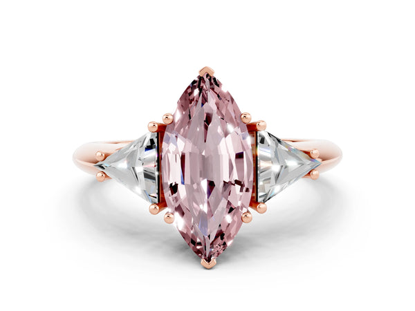 Rose gold Three-Stone Marquise Cut Cut Diamond Ring with Trillion Side Stones and Four-Prong Setting
