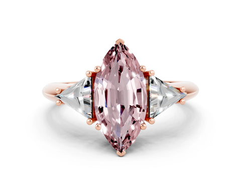 Rose gold Three-Stone Marquise Cut Cut Diamond Ring with Trillion Side Stones and Four-Prong Setting