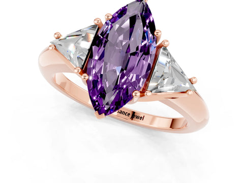 Rose gold Three-Stone Marquise Cut Cut Diamond Ring with Trillion Side Stones and Four-Prong Setting_1
