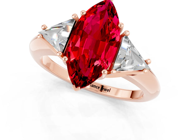 Rose gold Three-Stone Marquise Cut Ruby Engagement Ring with Trillion Side Stones and Prong Setting