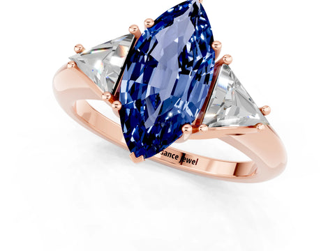 Rose gold Three-Stone Marquise Cut Cut Diamond Ring with Trillion Side Stones and Four-Prong Setting_1