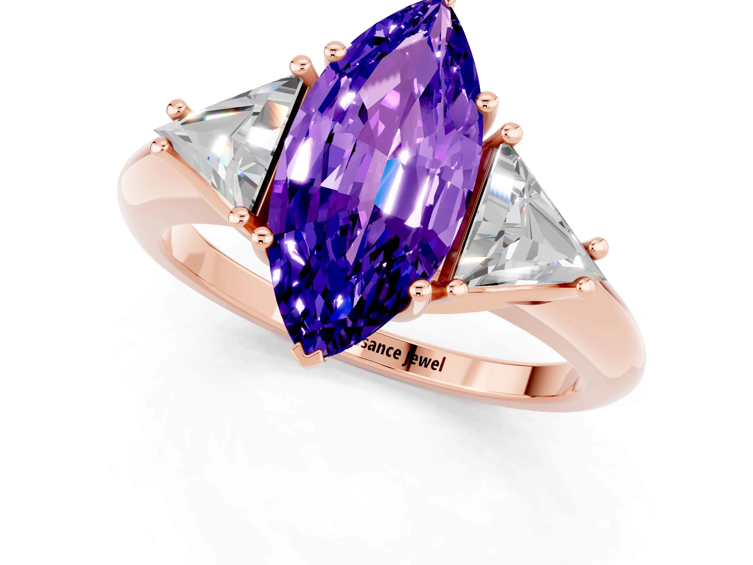 Rose gold Three-Stone Marquise Cut Cut Diamond Ring with Trillion Side Stones and Four-Prong Setting_1