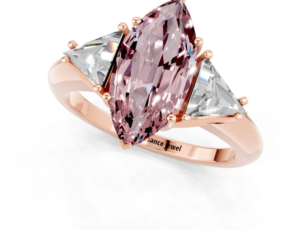 Rose gold Three-Stone Marquise Cut Cut Diamond Ring with Trillion Side Stones and Four-Prong Setting