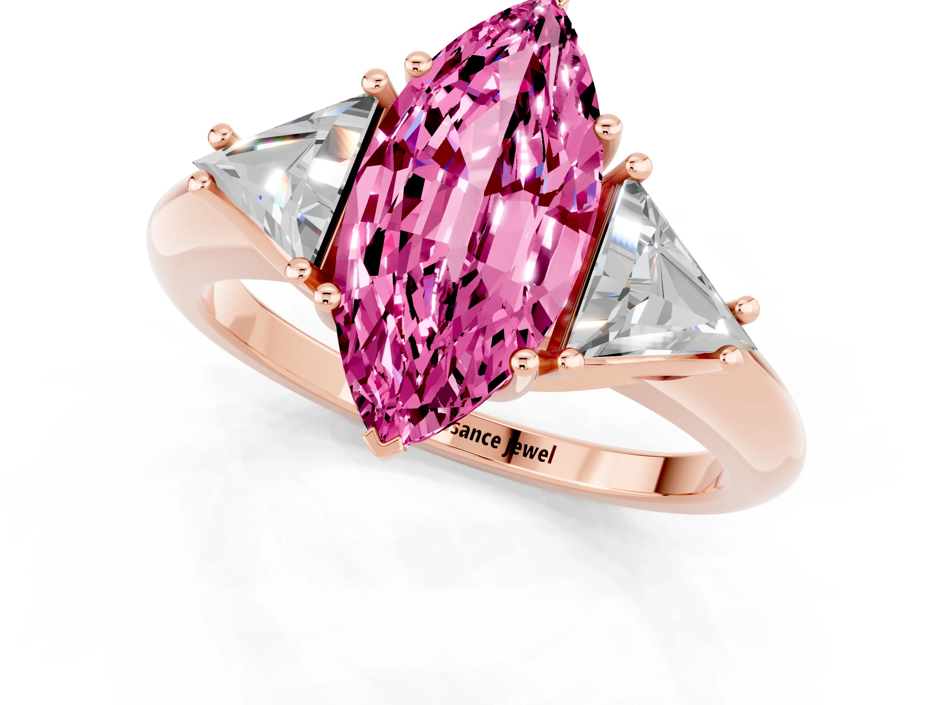 Rose gold Three-Stone Marquise Cut Cut Diamond Ring with Trillion Side Stones and Four-Prong Setting_1