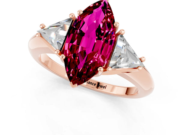 Rose gold Three-Stone Marquise Cut Garnet Engagement Ring with Trillion Side Stones and Prong Setting