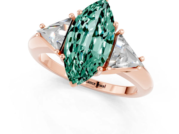 Rose gold Three-Stone Marquise Cut Green Sapphire Engagement Ring with Trillion Side Stones and Prong Setting
