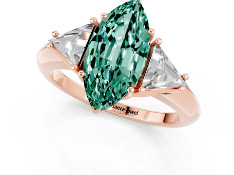 Rose gold Three-Stone Marquise Cut Cut Diamond Ring with Trillion Side Stones and Four-Prong Setting_1