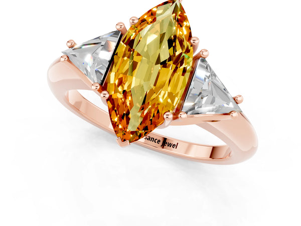 Rose gold Three-Stone Marquise Cut Citrine Engagement Ring with Trillion Side Stones and Prong Setting