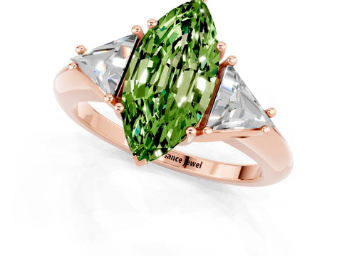 Rose gold Three-Stone Marquise Cut Cut Diamond Ring with Trillion Side Stones and Four-Prong Setting_1