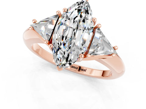 Rose gold Three-Stone Marquise Cut Cut Diamond Ring with Trillion Side Stones and Four-Prong Setting_1