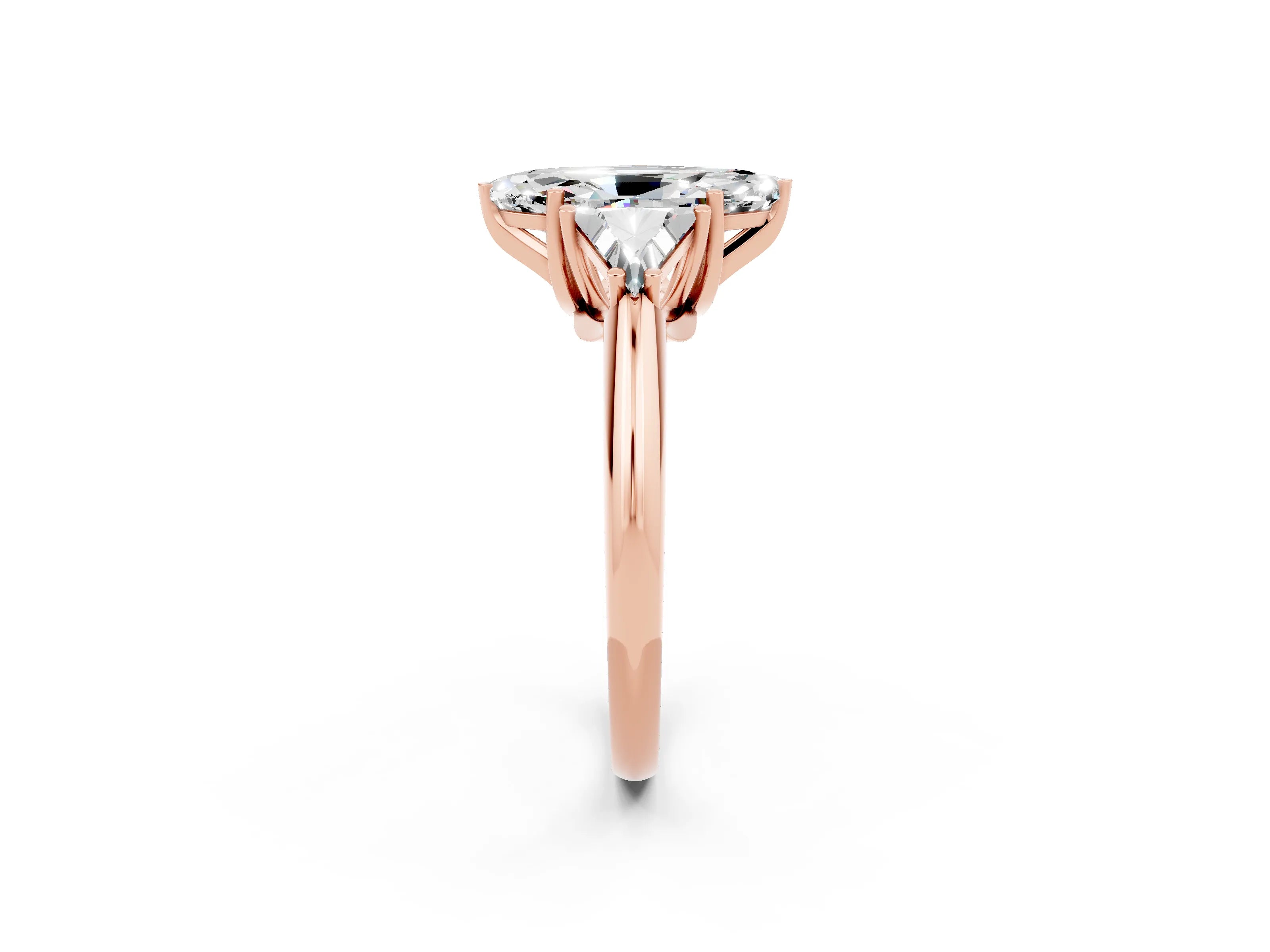 Rose gold Three-Stone Marquise Cut Cut Diamond Ring with Trillion Side Stones and Four-Prong Setting_2