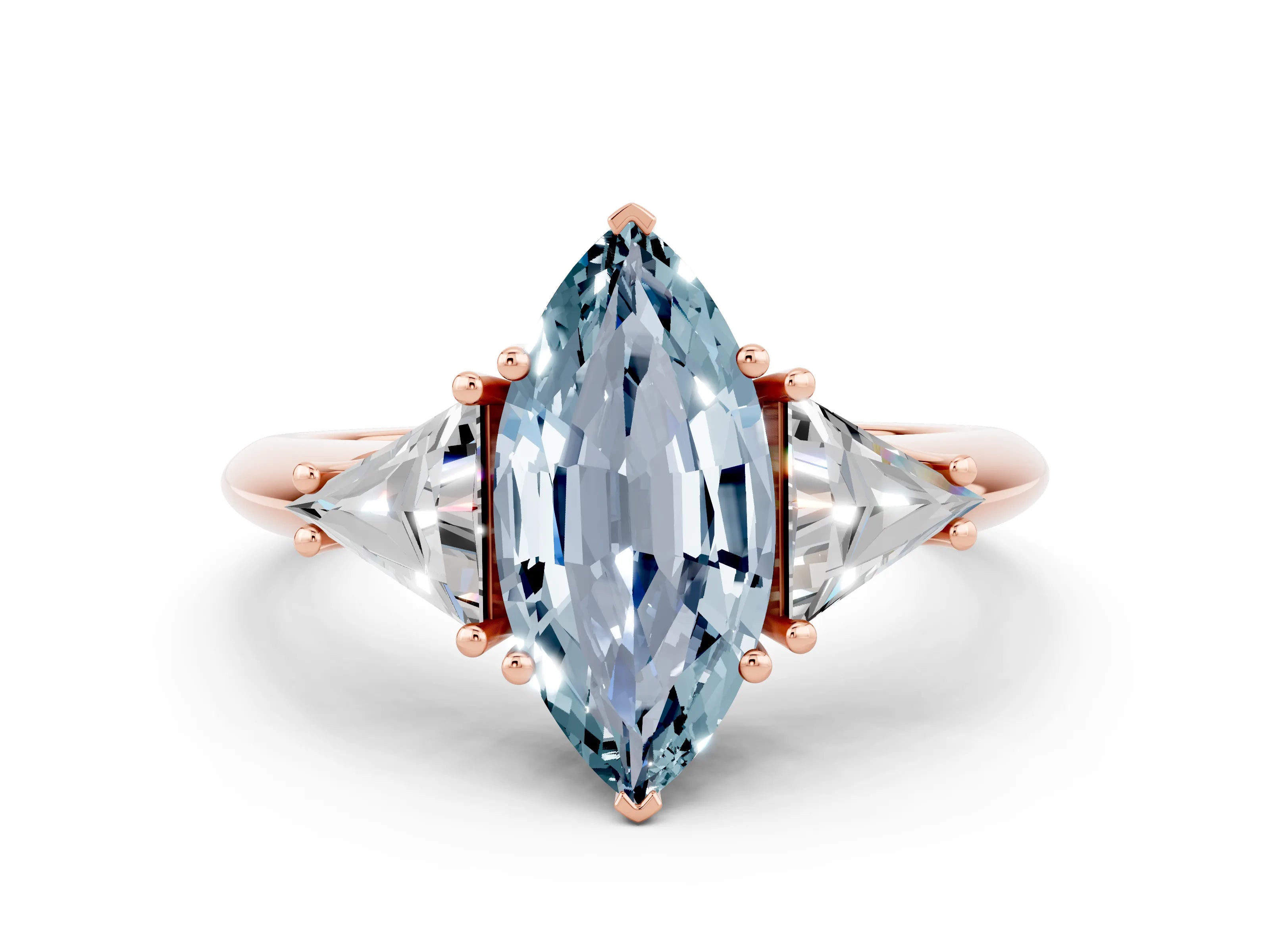 Rose gold Three-Stone Marquise Cut Cut Diamond Ring with Trillion Side Stones and Four-Prong Setting_23