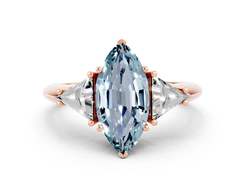 Rose gold Three-Stone Marquise Cut Cut Diamond Ring with Trillion Side Stones and Four-Prong Setting_23