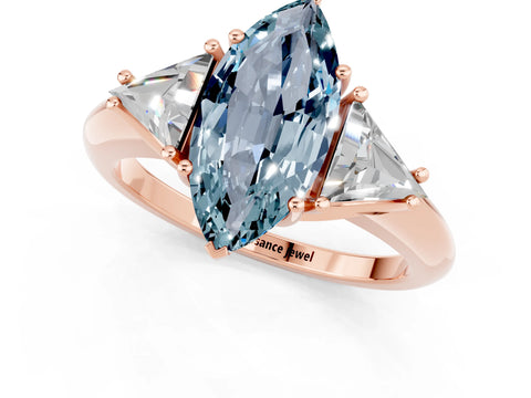 Rose gold Three-Stone Marquise Cut Cut Diamond Ring with Trillion Side Stones and Four-Prong Setting_24
