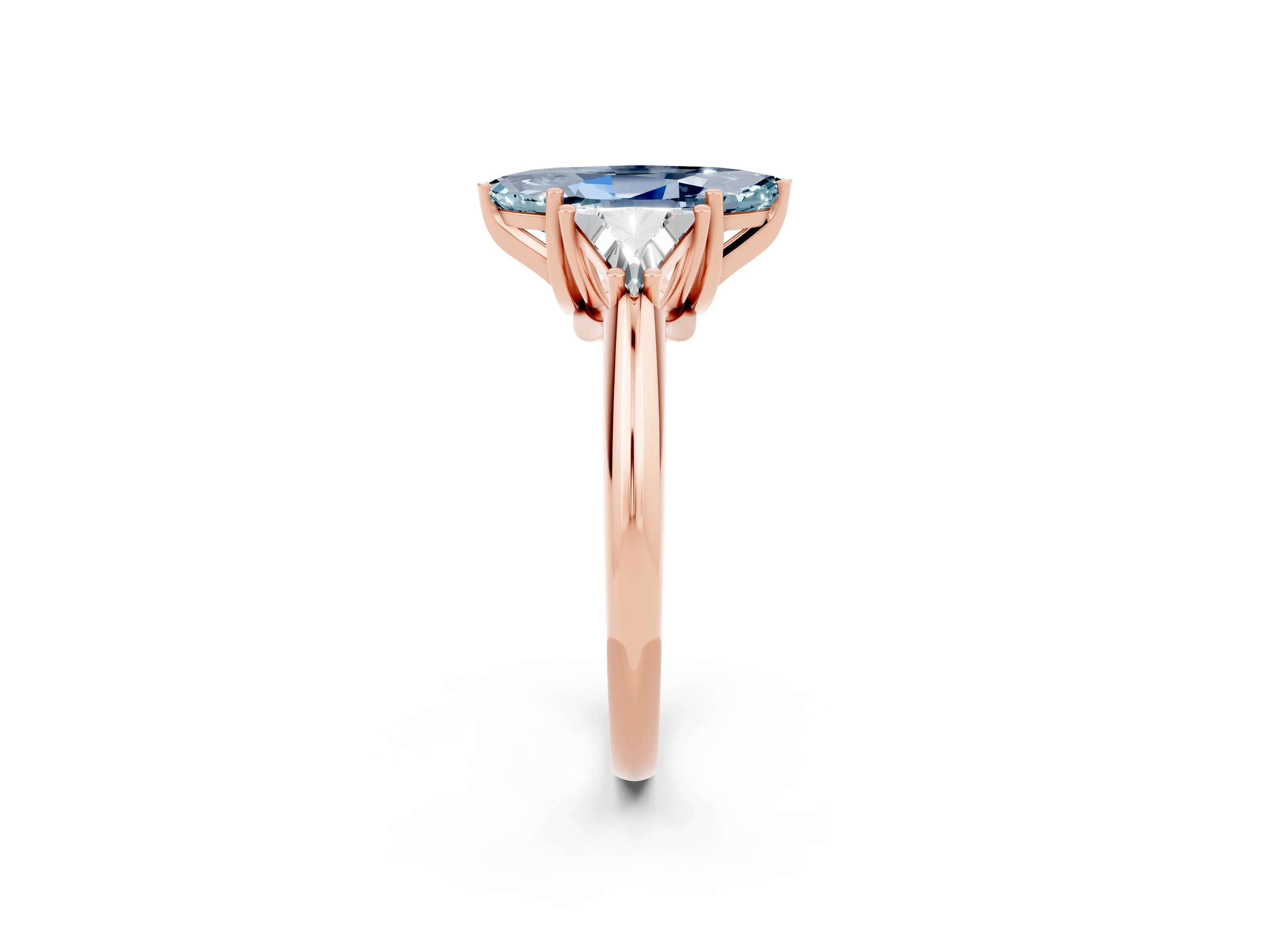 Rose gold Three-Stone Marquise Cut Cut Diamond Ring with Trillion Side Stones and Four-Prong Setting_25