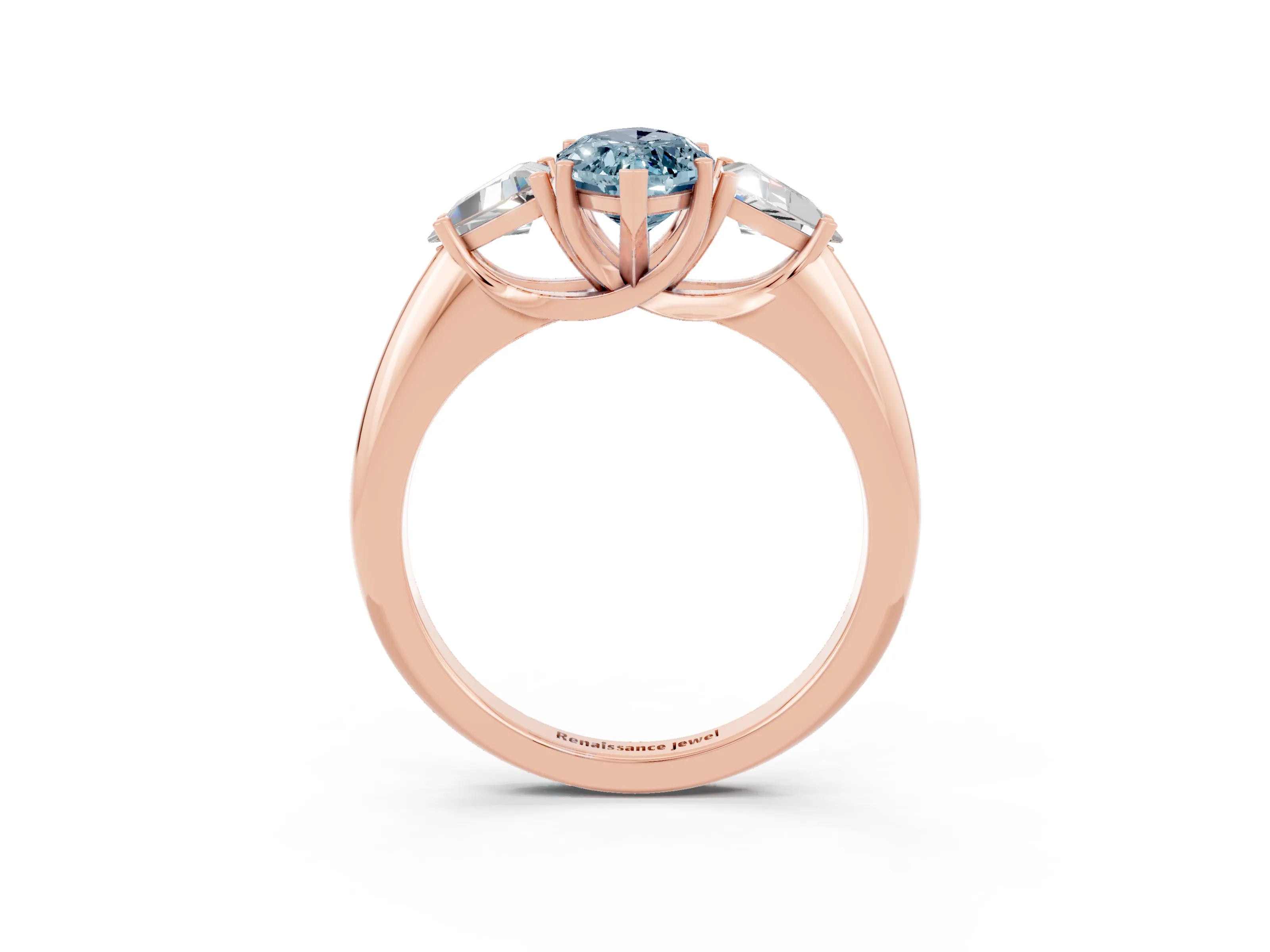 Rose gold Three-Stone Marquise Cut Cut Diamond Ring with Trillion Side Stones and Four-Prong Setting_26