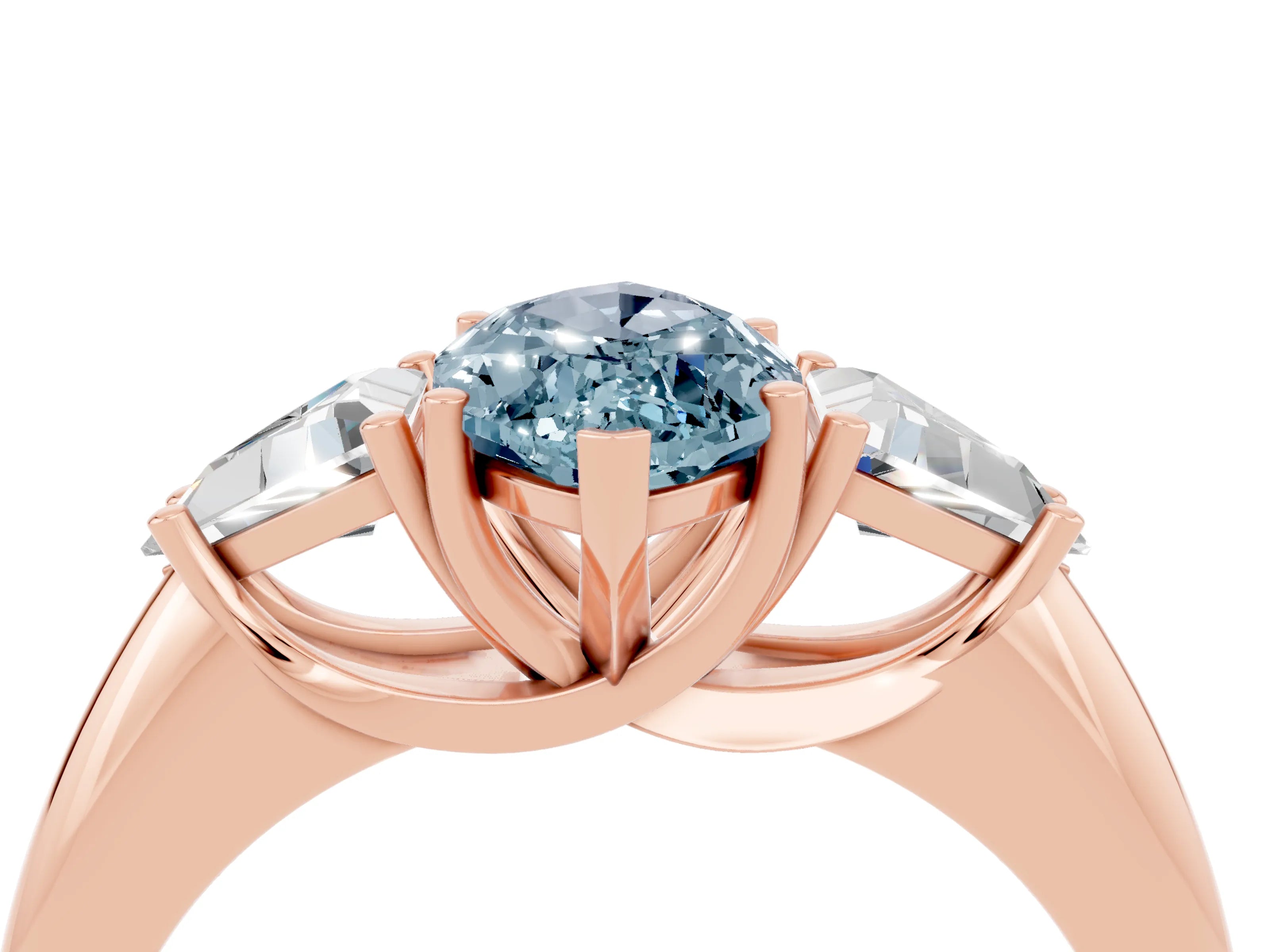 Rose gold Three-Stone Marquise Cut Cut Diamond Ring with Trillion Side Stones and Four-Prong Setting_27