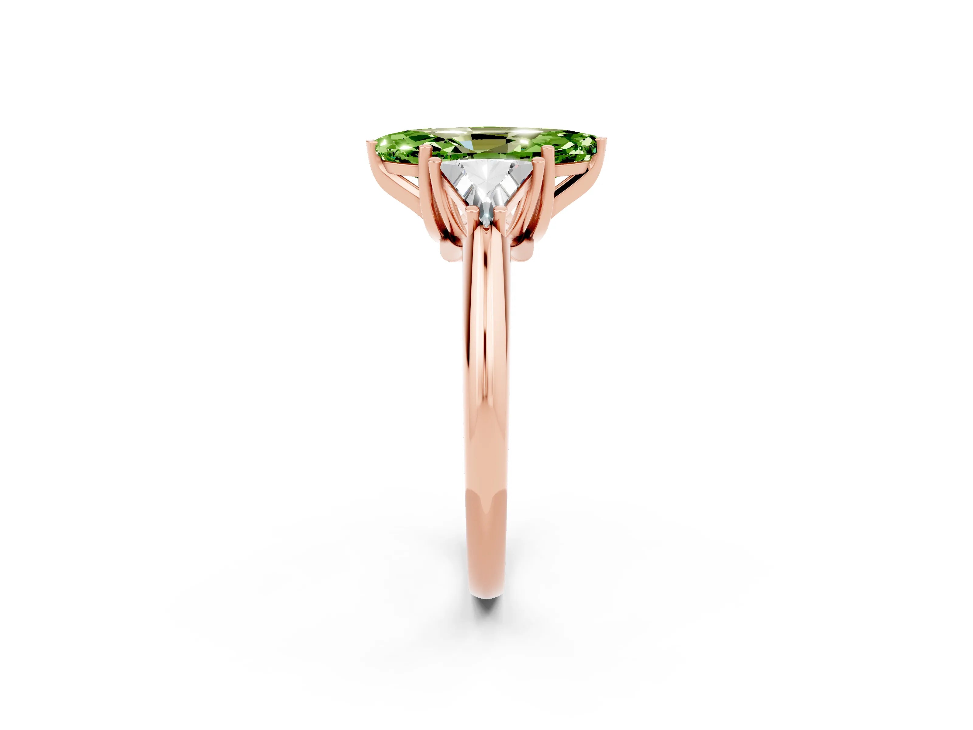 Rose gold Three-Stone Marquise Cut Cut Diamond Ring with Trillion Side Stones and Four-Prong Setting_2