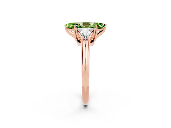 Rose gold Three-Stone Marquise Cut Cut Diamond Ring with Trillion Side Stones and Four-Prong Setting
