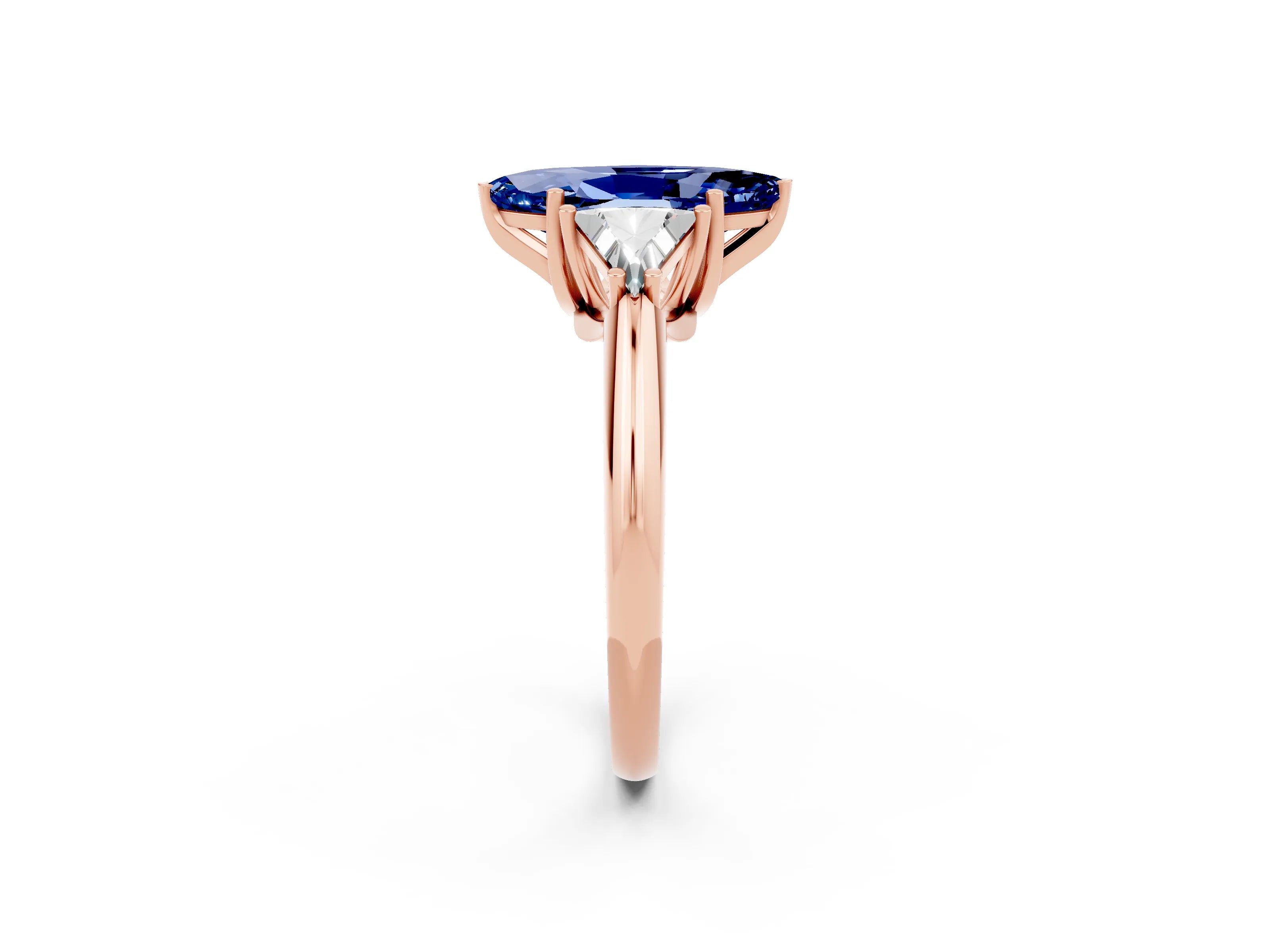Rose gold Three-Stone Marquise Cut Cut Diamond Ring with Trillion Side Stones and Four-Prong Setting_2