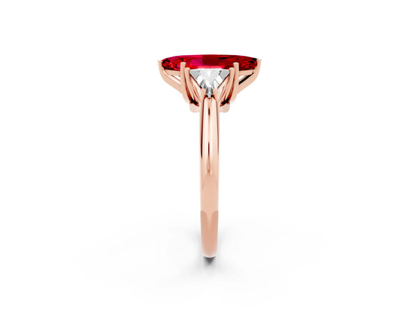 Rose gold Three-Stone Marquise Cut Ruby Engagement Ring with Trillion Side Stones and Prong Setting