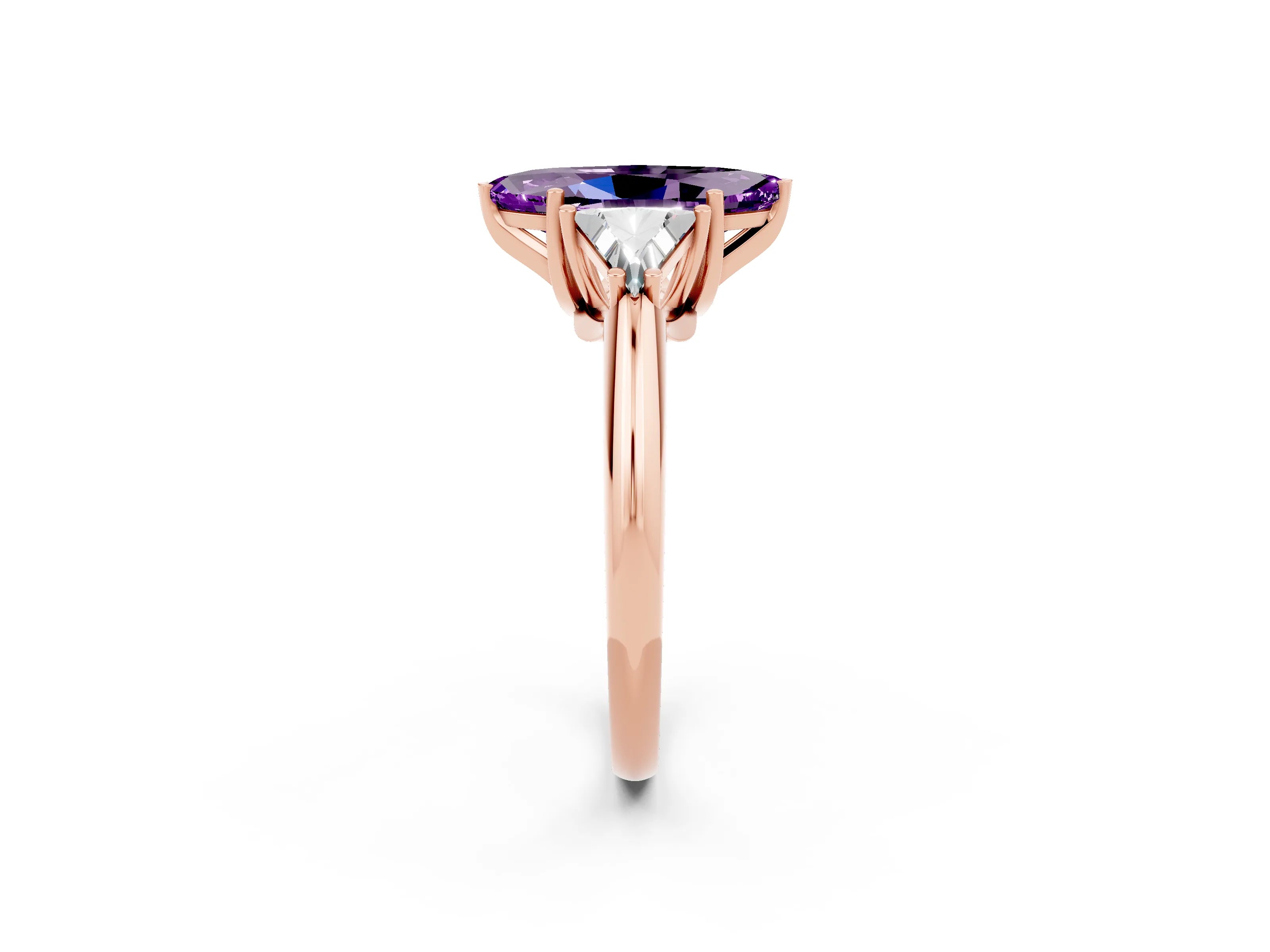 Rose gold Three-Stone Marquise Cut Cut Diamond Ring with Trillion Side Stones and Four-Prong Setting_2