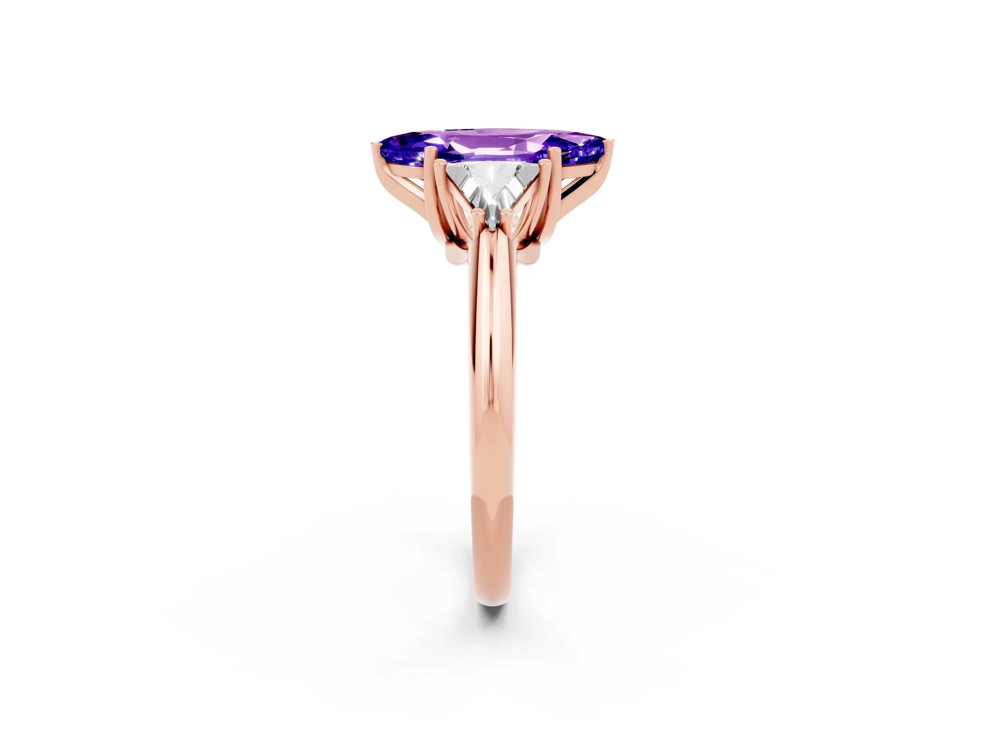 Rose gold Three-Stone Marquise Cut Cut Diamond Ring with Trillion Side Stones and Four-Prong Setting_2