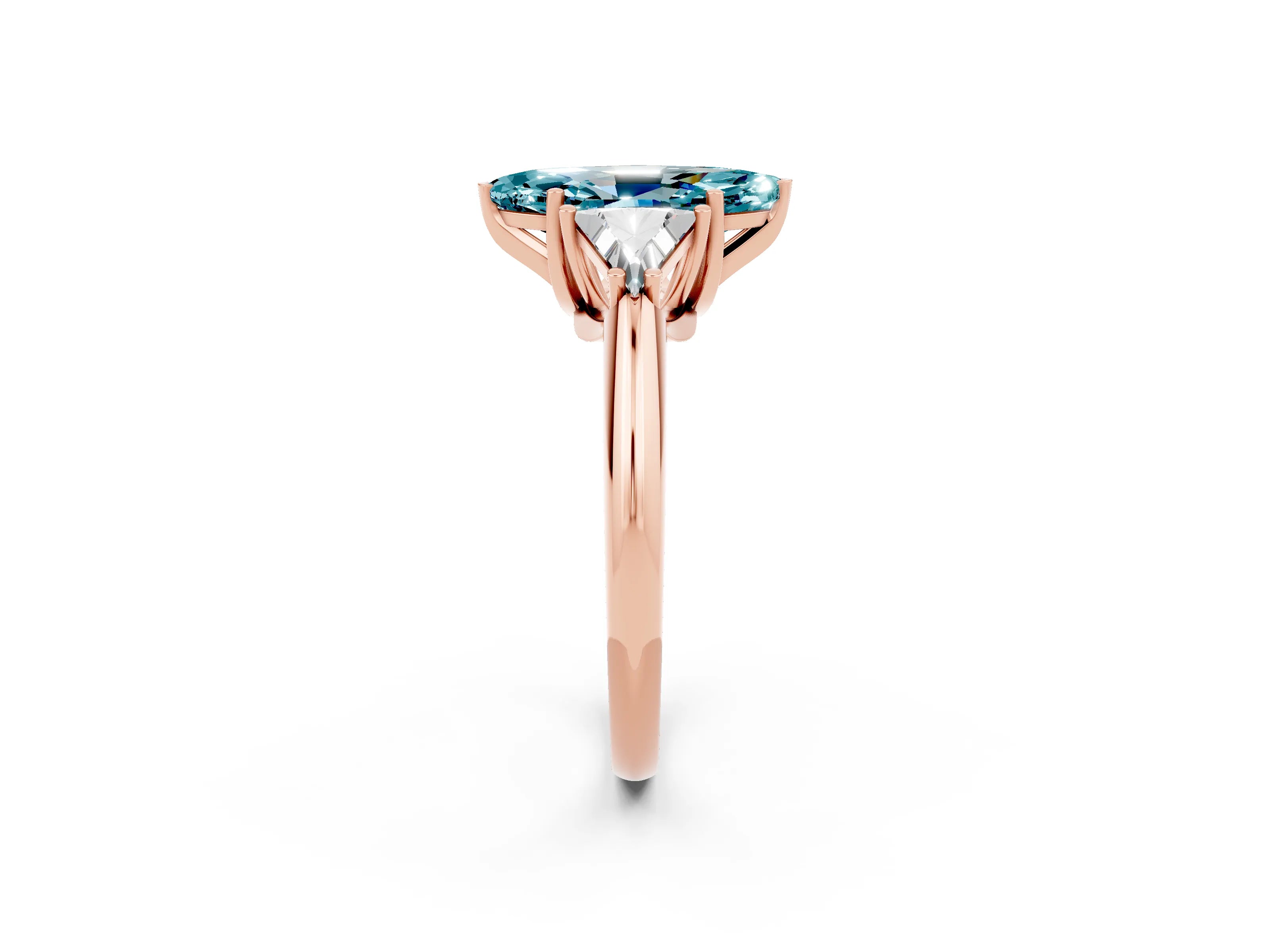 Rose gold Three-Stone Marquise Cut Cut Diamond Ring with Trillion Side Stones and Four-Prong Setting_2